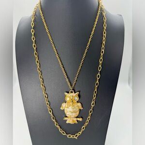 Vintage Owl Pendant Necklace Double Strand Gold Tone Reticulated Owl Statement